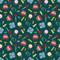 Seamless pattern back to school.  books, paints, alarm clock, calculator, pencil case, scissors, ruler. vector