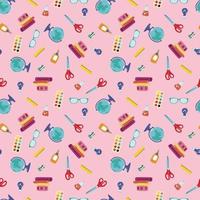 Seamless pattern back to school. Globe, books, paints, glue, scissors, glasses, sharpener, ruler. vector