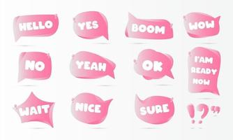 Burbujas de habla 3d en rosa con varias palabras de uso frecuente vector