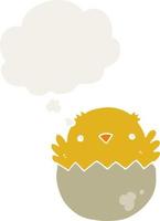 cartoon chick hatching from egg and thought bubble in retro style vector