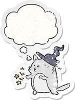 cartoon cat wizard and thought bubble as a distressed worn sticker vector