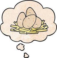 cartoon eggs in nest and thought bubble in grunge texture pattern style vector