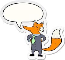 cartoon fox businessman and speech bubble sticker vector