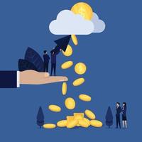 Businessman hold click and pointing cloud coins fall metaphor of pay per click. vector