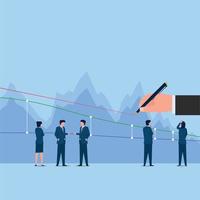 Hand hold pen draw a line on stock trading chart and people talk about it. Business flat vector concept illustration.