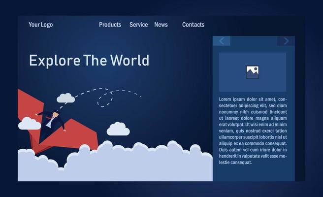 Landing Page Template. Businessman ride over paper plane on the sky. Symbol of communication.