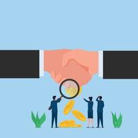 Man hold magnify and search money on handshake metaphor of corruption and bribery. Business flat vector concept illustration