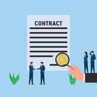 Hand hold magnify search signature on contract and found coin metaphor of corruption and bribery. Business flat vector concept illustration