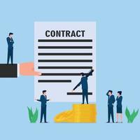 Manager climb coin and sign on contract metaphor of corruption and bribery. Business flat vector concept illustration