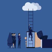 Businessman climb ladder to cloud from phone mobile metaphor of stay connected with us. vector