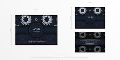 Dark blue postcard template with white abstract mandala ornament. Elegant and classic vector elements are great for decoration.