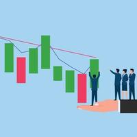 People put stock trading chart on buy position helping by hand. Business flat vector concept illustration.