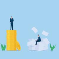 Man stand on coin stack while other sit on papers metaphor of effort and reward. Business flat vector concept illustration.