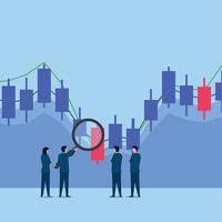 Man hold magnify on stock trading chart to analyze it. Business flat vector concept illustration.