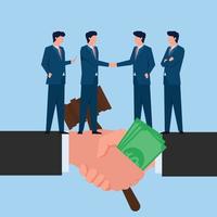 Man handshake for buy law metaphor of bribery and corruption. Business flat vector concept illustration