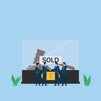 Man handshake for sold of court hammer metaphor of corruption and bribery. Business flat vector concept illustration