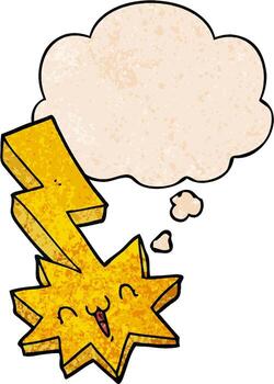 relámpago de dibujos animados y burbuja de pensamiento en estilo de patrón de textura grunge vector