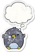 cartoon penguin and thought bubble as a distressed worn sticker vector