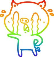 rainbow gradient line drawing crying pig cartoon vector