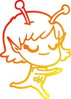 warm gradient line drawing smiling alien girl cartoon running vector