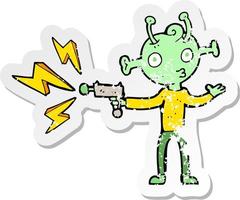 retro distressed sticker of a cartoon space alien vector