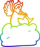 rainbow gradient line drawing cartoon angel on cloud with trumpet vector