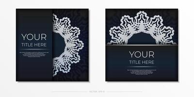 Dark blue postcard template with white abstract ornament. Elegant and classic vector elements ready for print and typography.