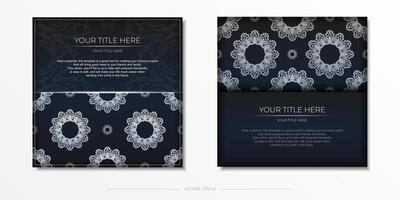 Dark blue postcard template with white Indian ornaments. Elegant and classic vector elements ready for print and typography.