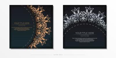 Dark green postcard template with white abstract mandala ornament. Elegant and classic elements are great for decorating. Vector illustration.