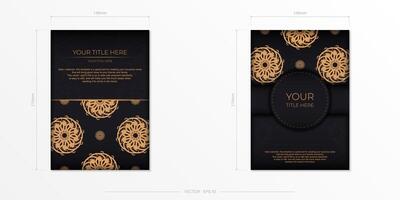 Luxurious black rectangular postcard template with vintage abstract mandala ornament. Elegant and classic vector elements ready for print and typography.