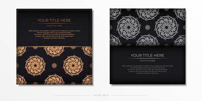 Luxurious black square postcard template with vintage abstract ornament. Elegant and classic vector elements are great for decoration.