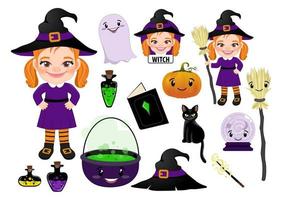 Witch character illustration with cute element flat icon set isolated on white background vector