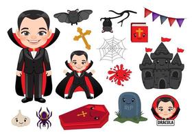 ilustración de personaje de drácula con elemento lindo conjunto de iconos planos aislado en vector de fondo blanco