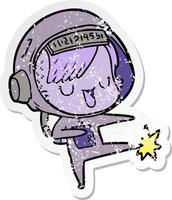 distressed sticker of a cartoon astronaut woman vector