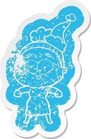 cartoon distressed sticker of a happy old woman wearing santa hat vector