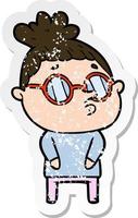 distressed sticker of a cartoon woman wearing glasses vector