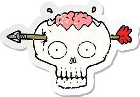distressed sticker of a cartoon skull with arrow through brain vector