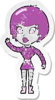 retro distressed sticker of a cartoon robot woman waving vector