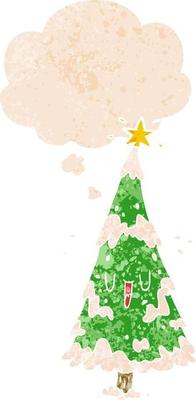cartoon christmas tree and thought bubble in retro textured style
