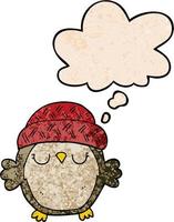 cute cartoon owl in hat and thought bubble in grunge texture pattern style vector