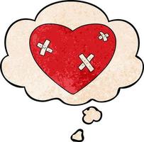cartoon beaten up heart and thought bubble in grunge texture pattern style vector
