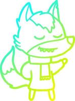 dibujo de línea de gradiente frío amigable lobo de dibujos animados con bufanda vector