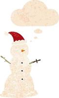 cartoon snowman and thought bubble in retro textured style vector