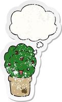 cartoon shrub in pot and thought bubble as a distressed worn sticker vector