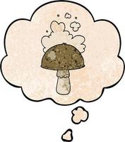 cartoon mushroom with spore cloud and thought bubble in grunge texture pattern style vector