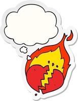 cartoon flaming heart and thought bubble as a printed sticker vector