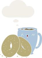 café de dibujos animados y donuts y burbujas de pensamiento en estilo retro vector