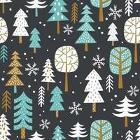 Seamless pattern with winter trees woodland illustration on dark grey background. vector