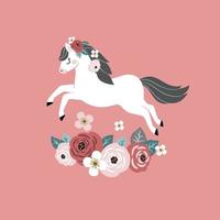 Cute white horse and vintage flowers pink background. Perfect for greeting card, logo, poster or nursery print design. vector