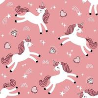 Seamless pattern with cute unicorns diamonds, hearts and rainbows. Perfect for textile, wallpaper or nursery print design. vector